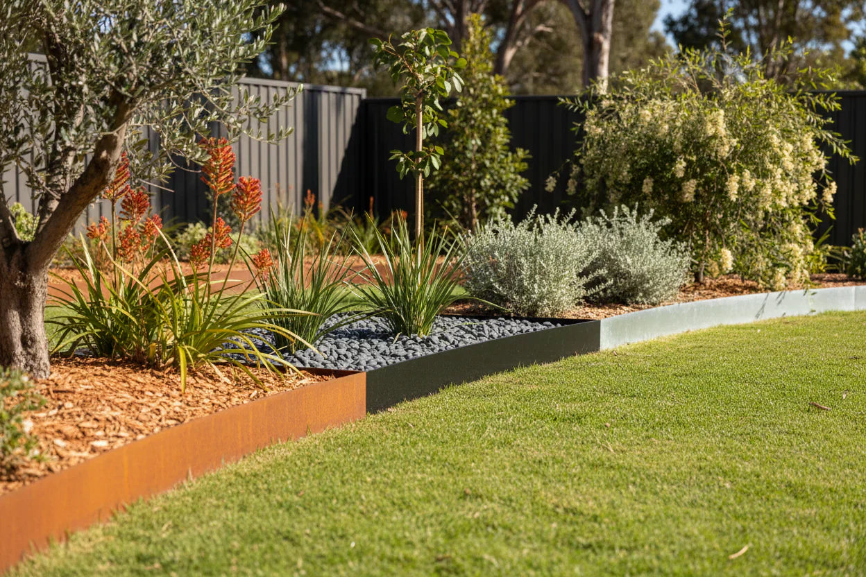 Garden bed showing 3 different garden edging colours so it is easier to visulaise what colour garden edging you would like the best