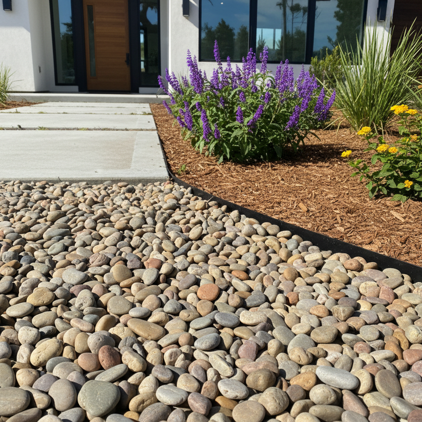 Black garden edging by YardSteel Australia separating the Pebble pathway leading to a modern house with a garden bed featuring purple flowers and mulch.