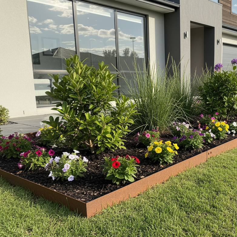 AFTER YardSteel: Image of a beautiful garden bed with YardSteel corten steel garden edging installed with flowers and plants in front of an Australian house.
