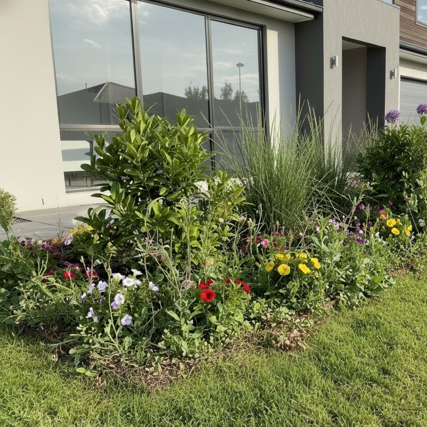 BEFORE YardSteel: Image of a messy garden with flowers and plants in front of an Australian house.