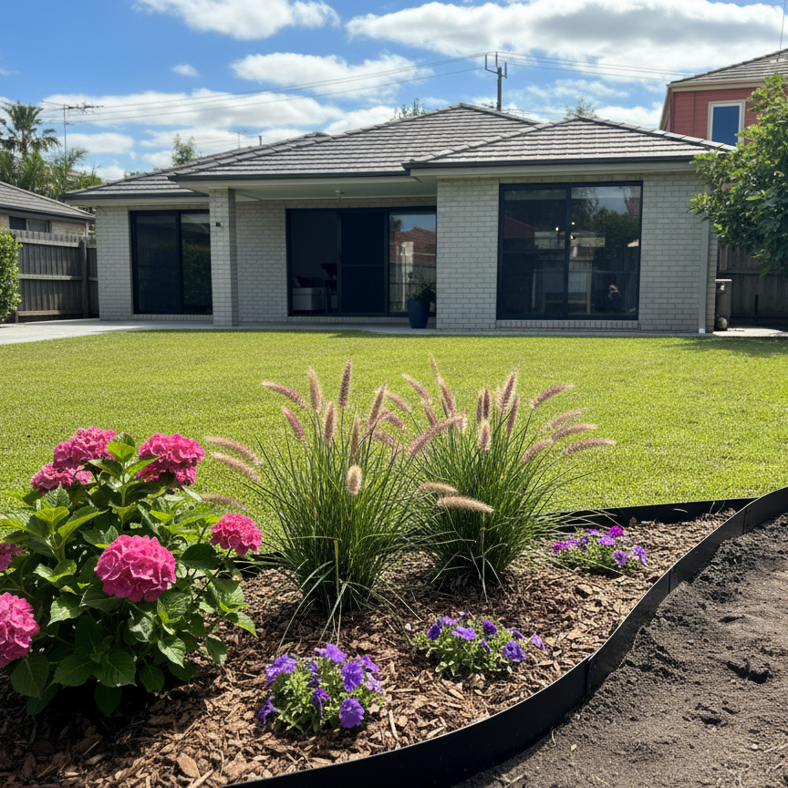 black metal garden edging by YardSteel Australia installed in front of a green lawn and brick house