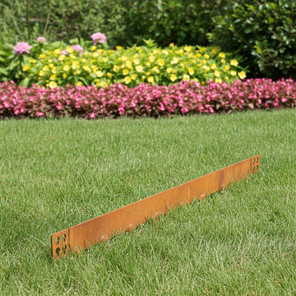 Rust-coloured metal garden border by YardSteel on grass with flowers in the background