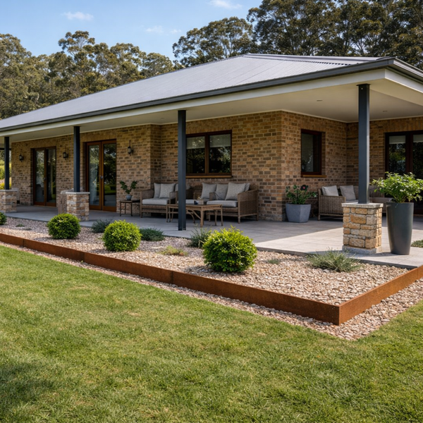 Corten steel garden bed with brick house with a patio area and outdoor furniture