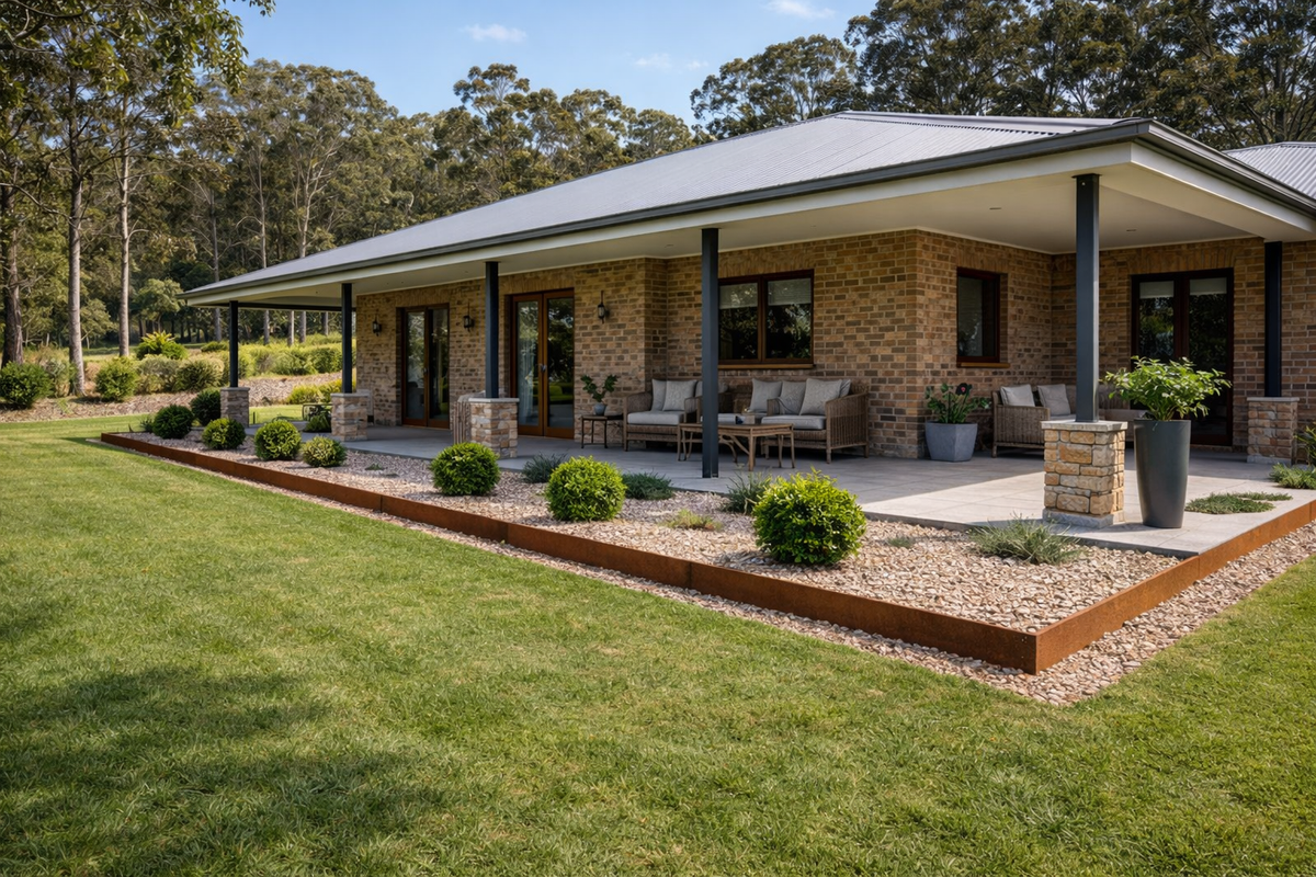 Modern country house with a covered outdoor area and custom corten steel YardSteel edging and a green lawn.