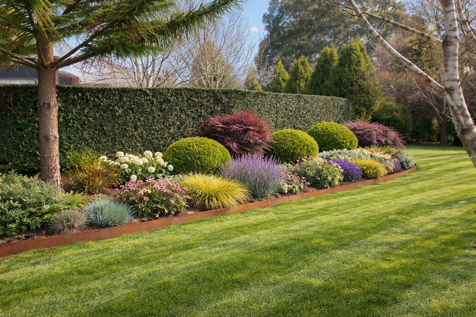 Lush garden with 150mm corten steel garden edging by YardSteel, with a variety of plants and shrubs in a well-maintained lawn.