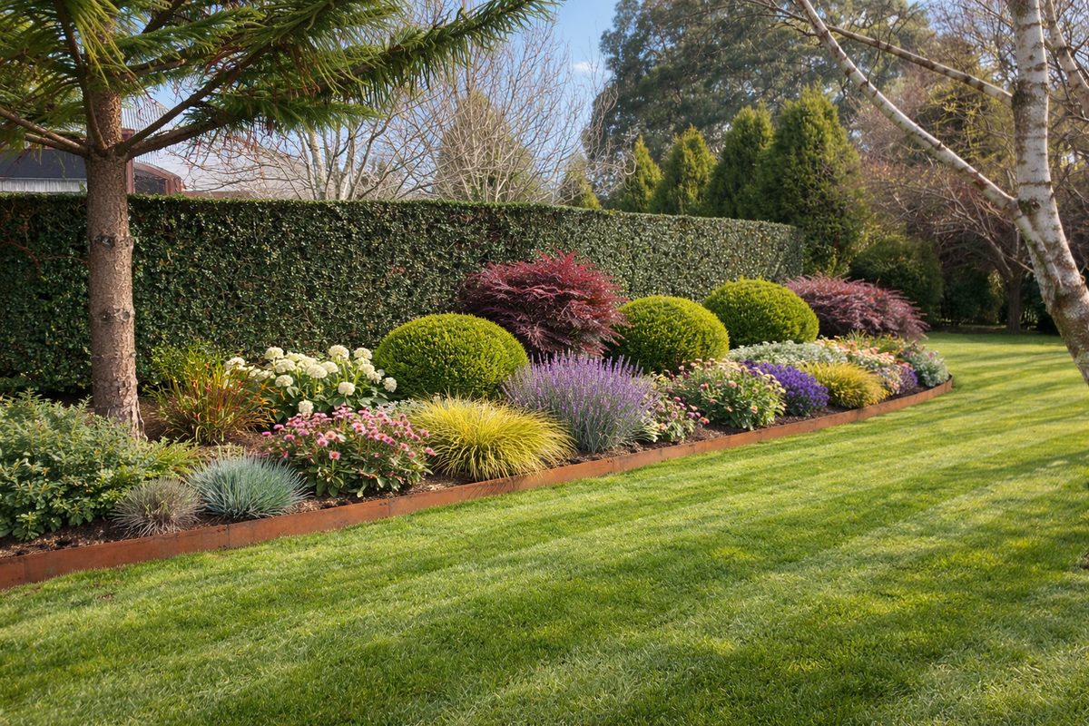 Lush garden with 150mm corten steel garden edging by YardSteel, with a variety of plants and shrubs in a well-maintained lawn.