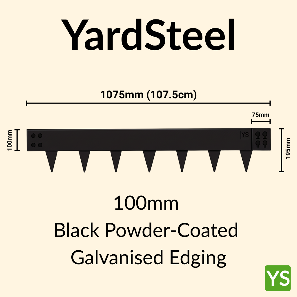 YardSteel black powder-coated galvanized edging with dimensions on a beige background