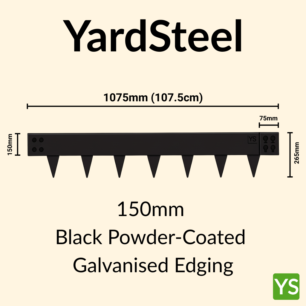 YardSteel black powder-coated galvanized edging with dimensions on a beige background