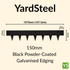 YardSteel black powder-coated galvanized edging with dimensions on a beige background