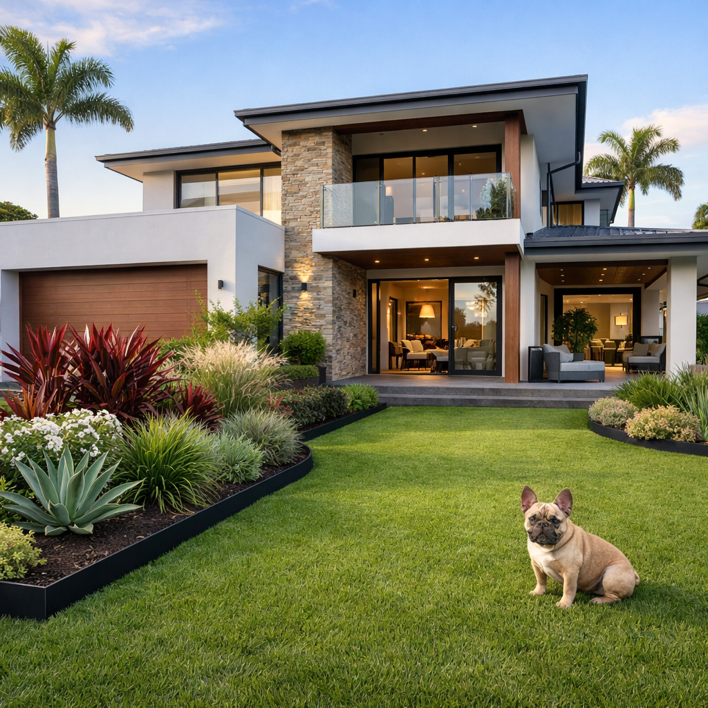 YardSteel blck galvanised edging professional photo with a modern Australian home and french bulldog on the lawn.