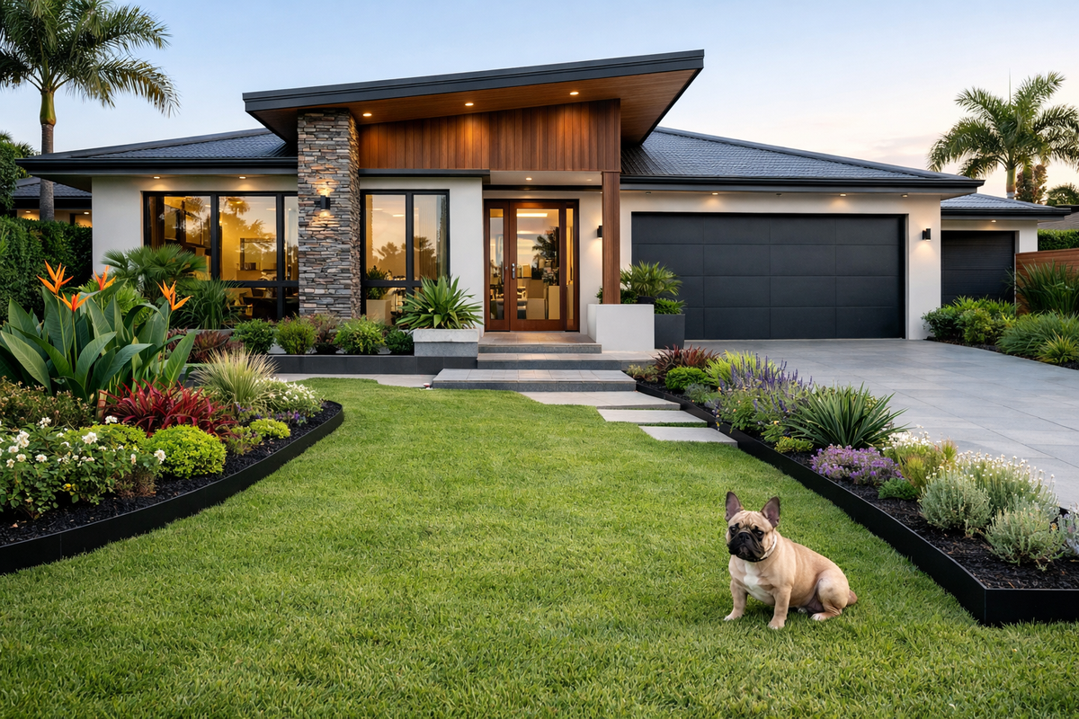 YardSteel blck galvanised edging professional photo with a modern Australian home and french bulldog on the lawn