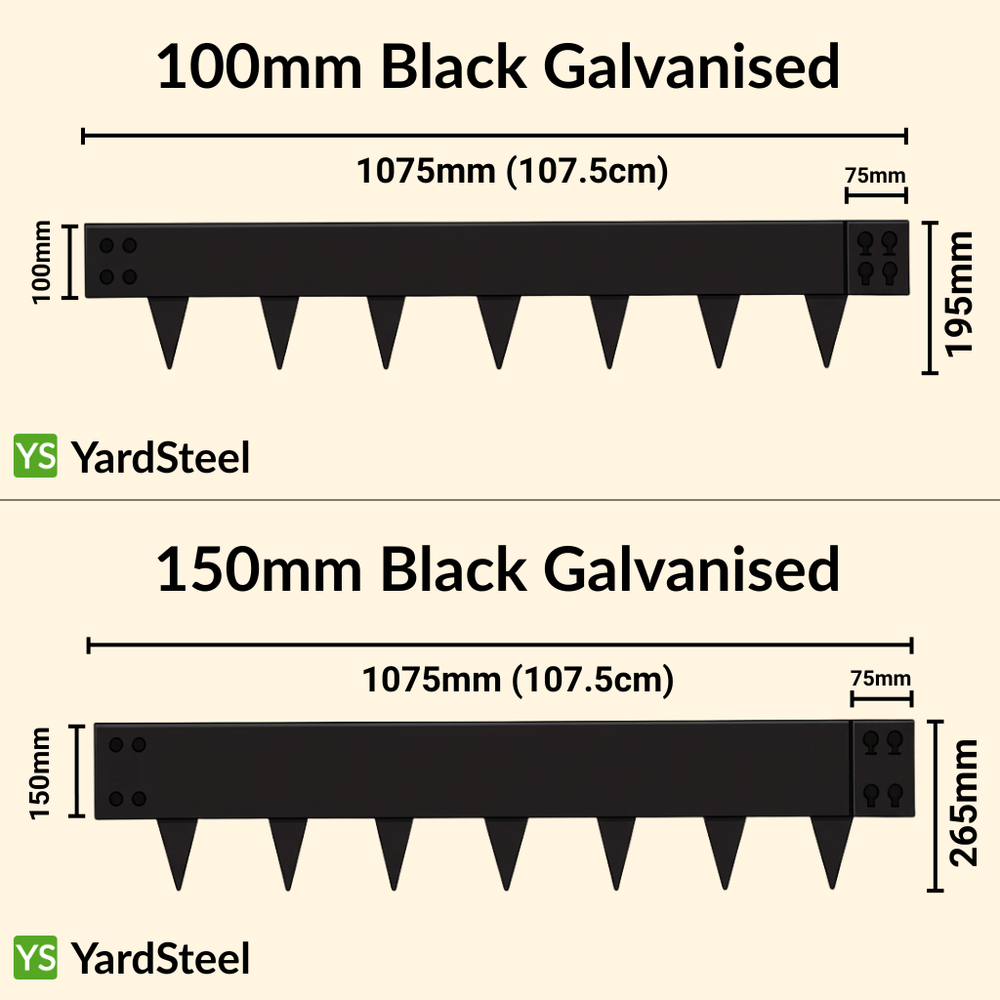 YardSteel Black Steel Garden Edging sizing chart showing the dimensions of the 100mm and 150mm black galvanised steel edging in closer detail