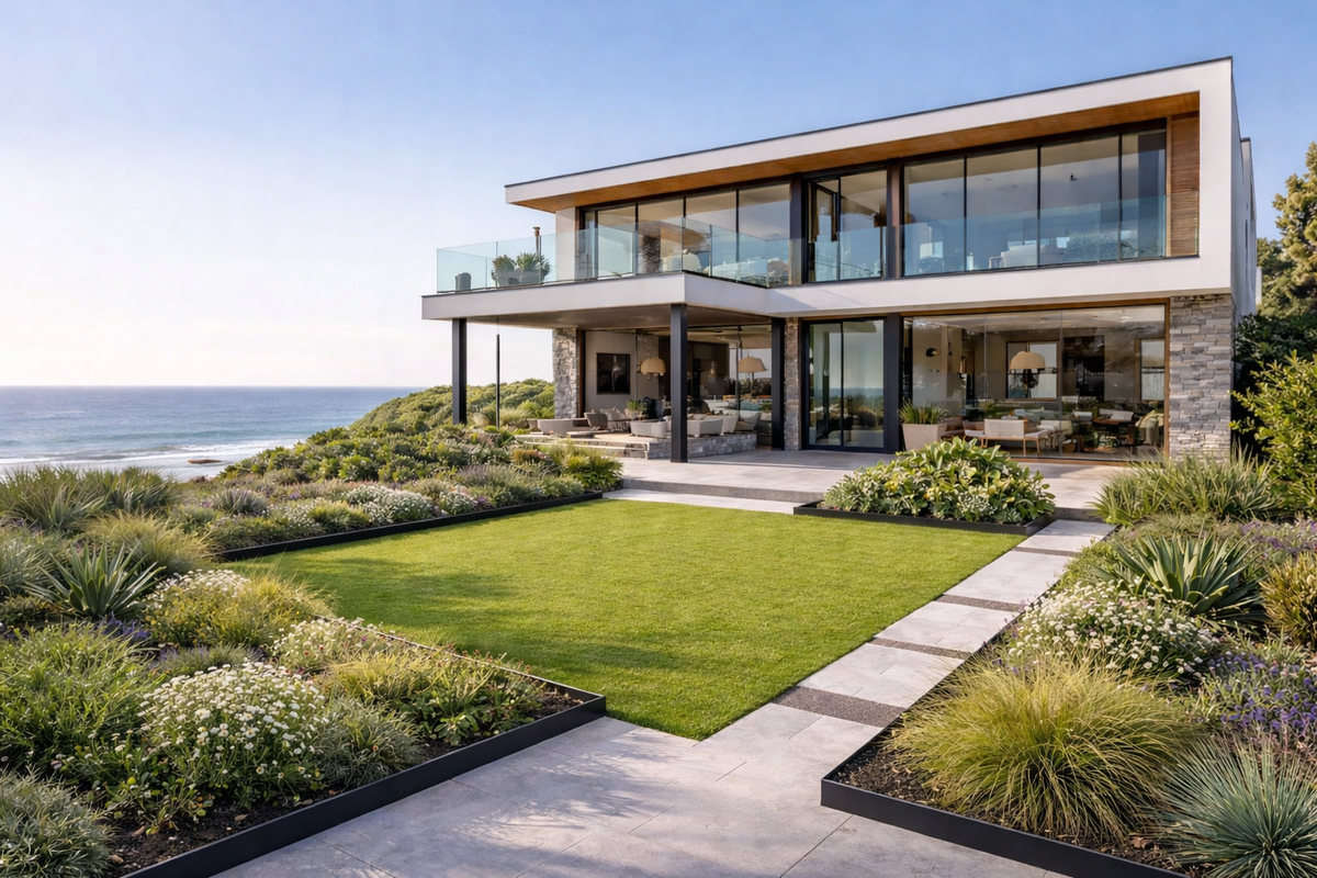 Professional photo of a YardSteel custom black steel garden edging install at a beautiful coastal home