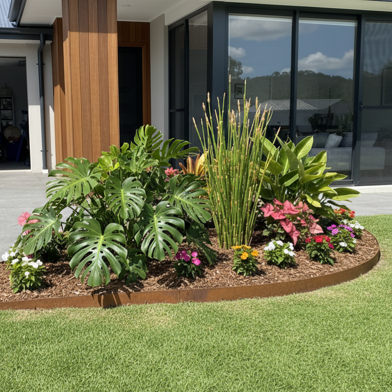 Corten Steel garden edging by YardSteel installed around a Garden bed with various plants and flowers in front of a modern house.