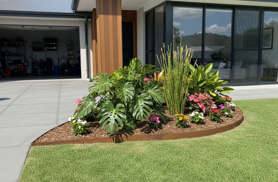 YardSteel corten steel garden edging installed with a rounded bend at a modern house.