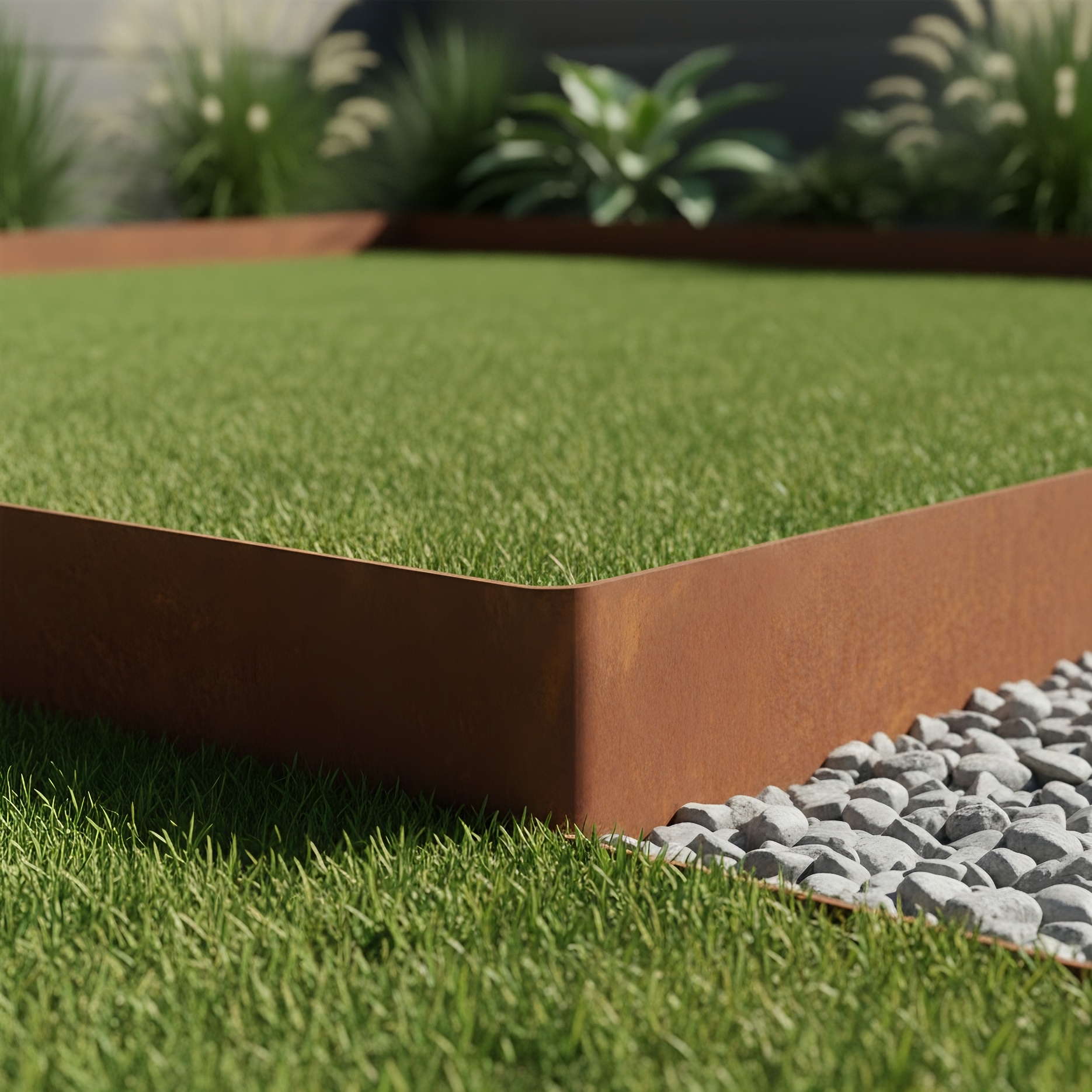 Rust-coloured YardSteel corten garden edging metal border with green grass and small stones.