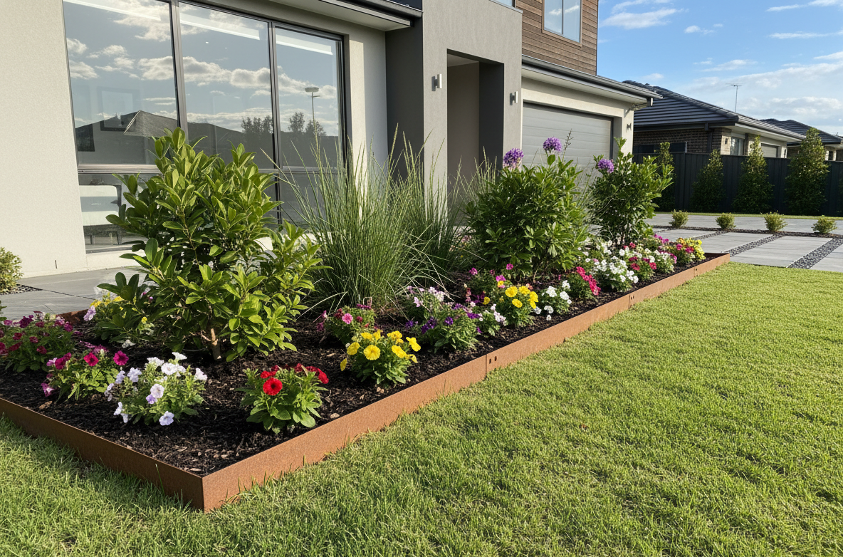YardSteel corten steel garden eding with a beautiful Garden bed with flowers and plants in front of a house