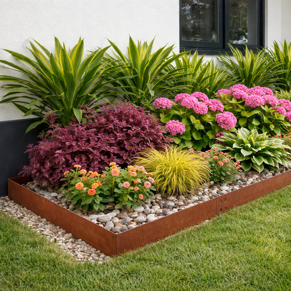Corten metal edging by YardSteel installed around a colorful garden bed with various plants and flowers in a bordered garden.