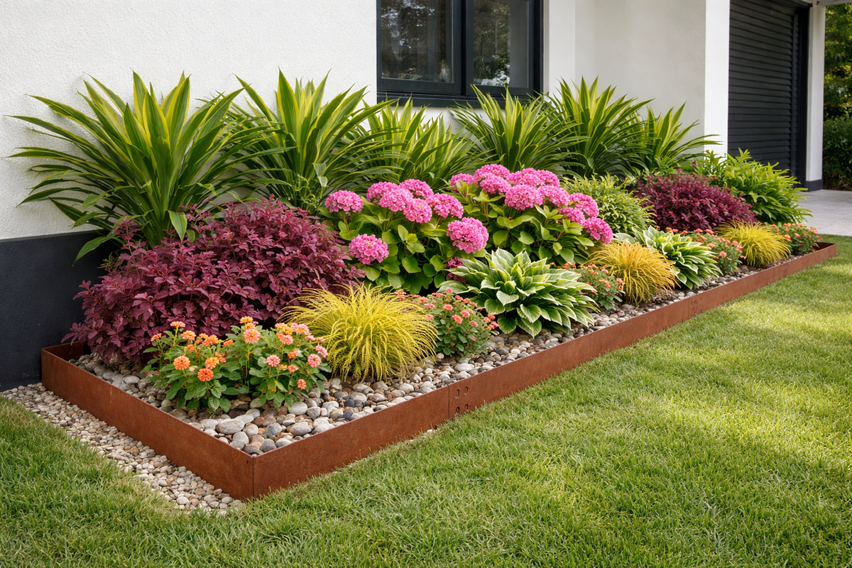 YardSteel corten edging custom install with cut corner edge and a Garden bed with colourful flowers and plants in front of a white wall and window.
