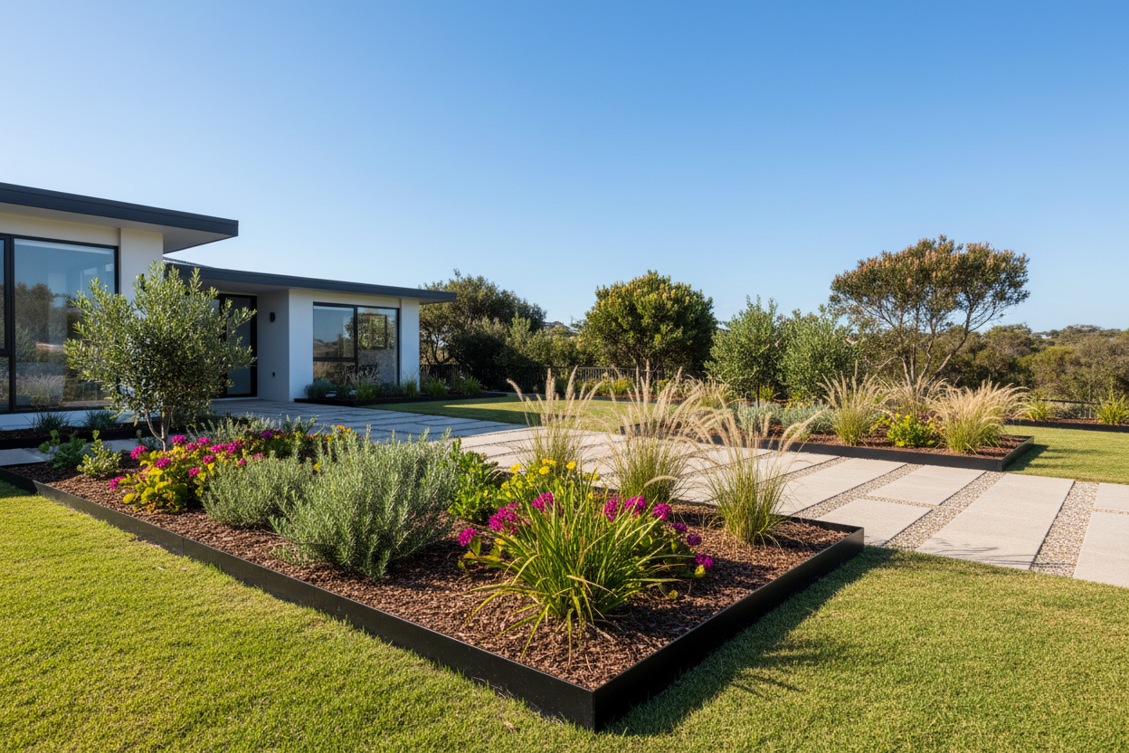 Black Galvanised steel garden bed edging in a modern Australian coastal front yard