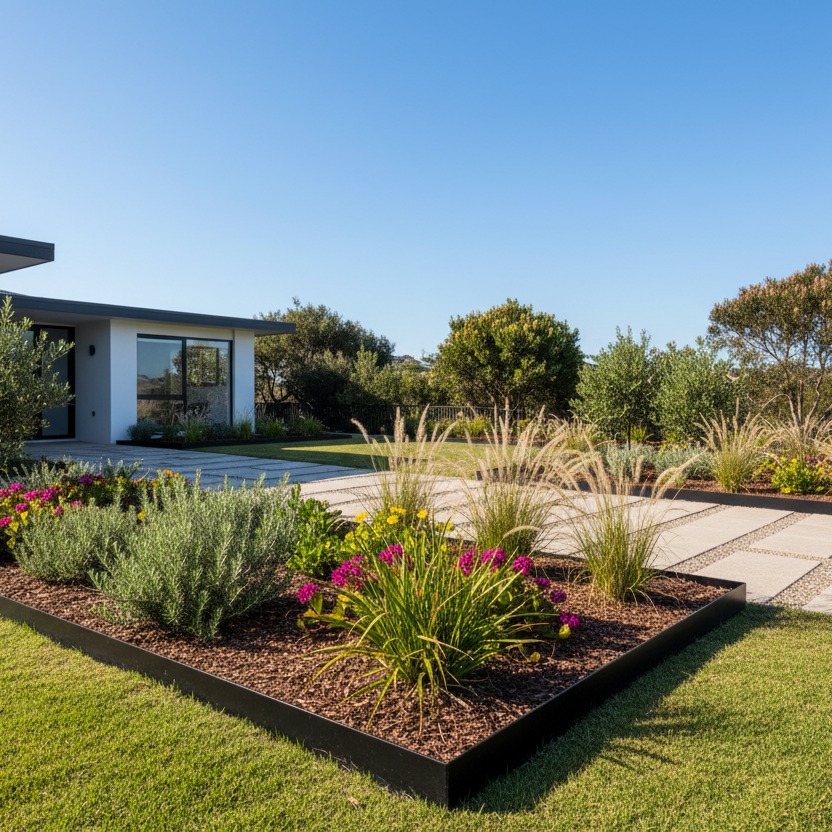 Black galvanised steel lawn and garden edging by YardSteel, with custom corners, rounded edge and custom joins.