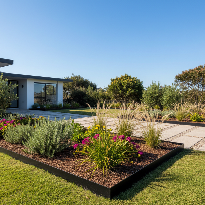 Black galvanised steel lawn and garden edging by YardSteel, with custom corners, rounded edge and custom joins.