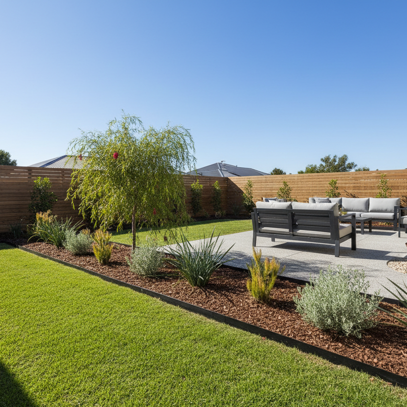 black steel garden edging by YardSteel Australia shown in a modern Australian backyard with beautiful garden beds & furniture.