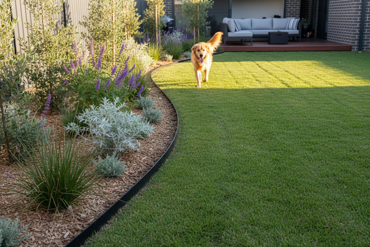 Small black steel garden edging in A modern Australian backyard with a dog in the background